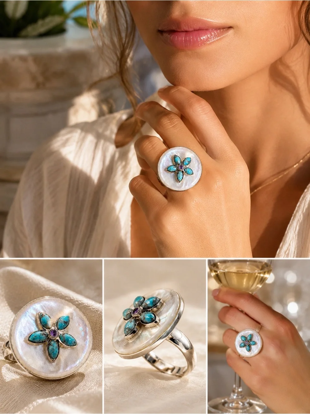 Turquoise Flower Mother-of-Pearl Ring in 905 Silver - Turquoise